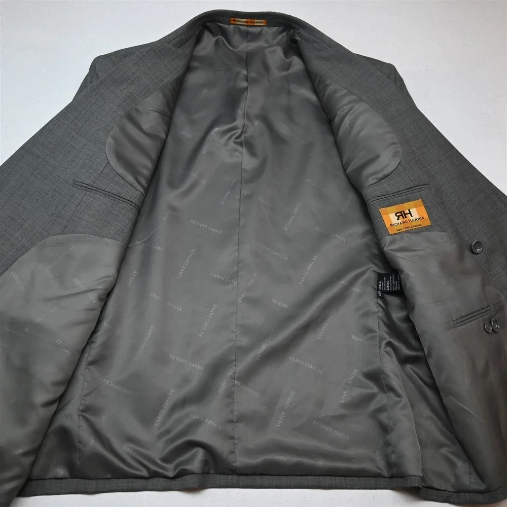 Richard Harris 46R 36x32 Gray Sharkskin Wool Double Breasted Jacket Pants Suit